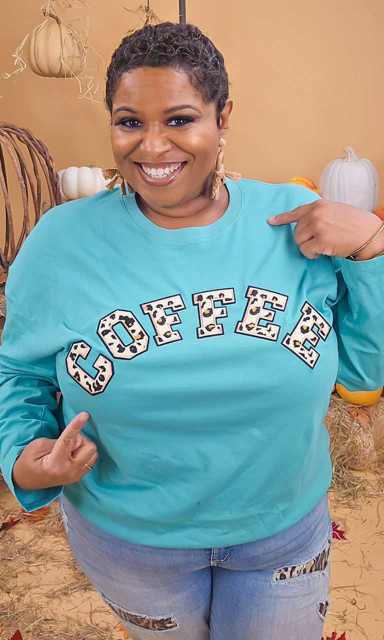 Leopard Ideal Chenille Coffee Graphic Boyfriend Long Sleeve T-Shirt