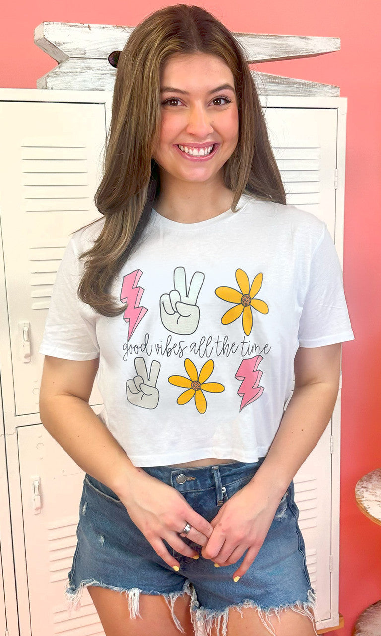 Good Vibe All The Time White Graphic Crop Top