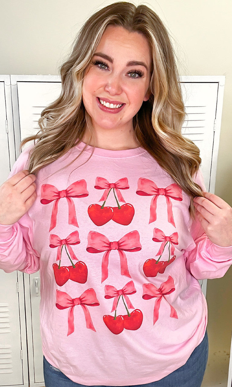 Multi Cherry Bow Long Sleeve Graphic T-Shirt