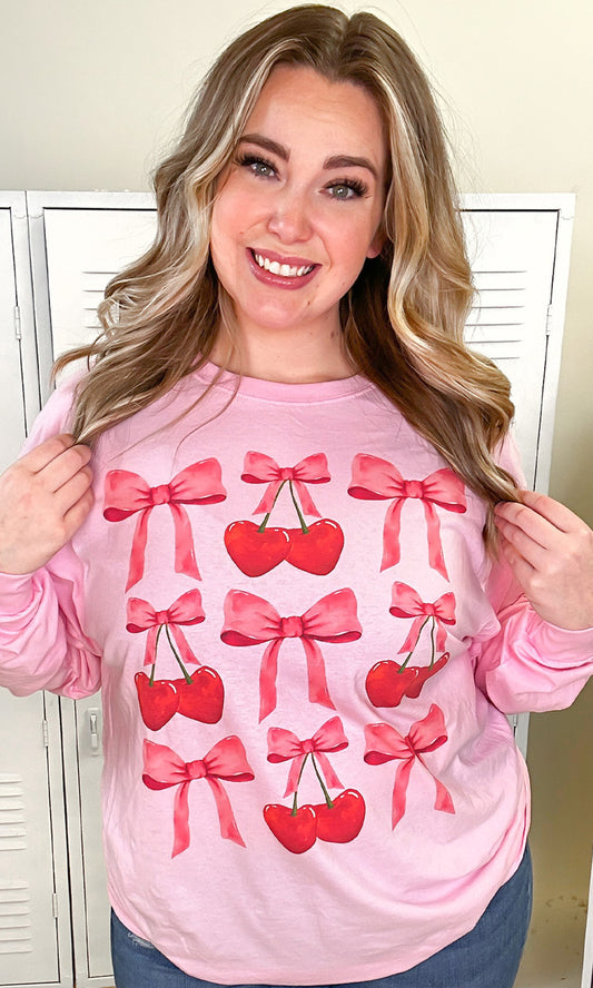 Multi Cherry Bow Long Sleeve Graphic T-Shirt