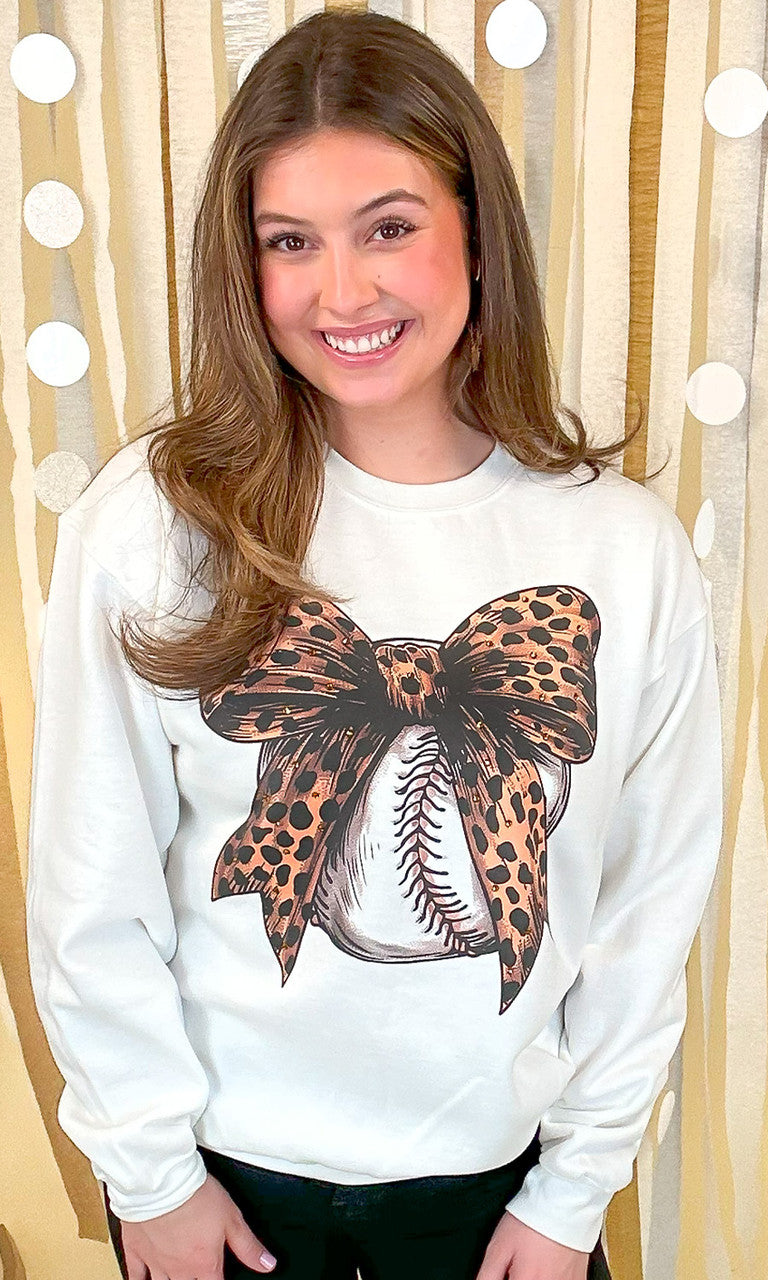Baseball Cheetah Bow Rhinestone Graphic Sweatshirt