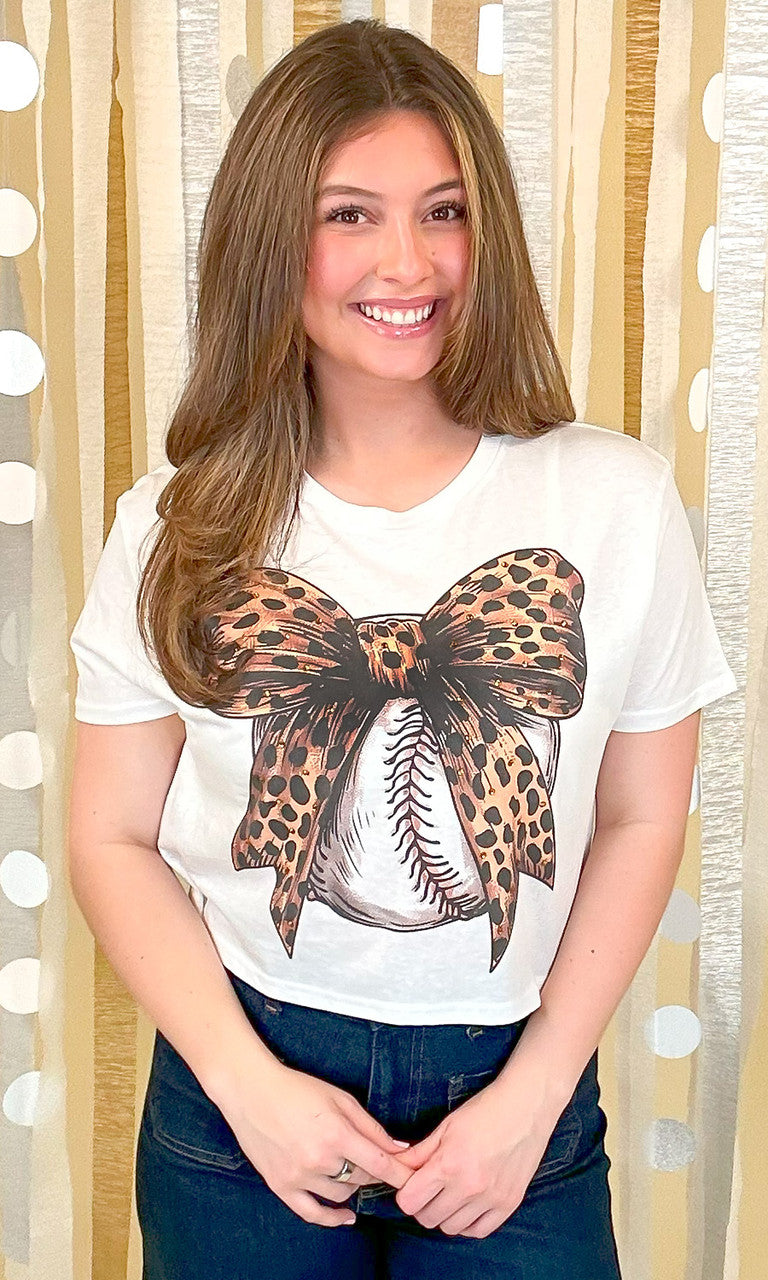 Baseball Cheetah Bow Rhinestone Graphic Crop Top Shirt