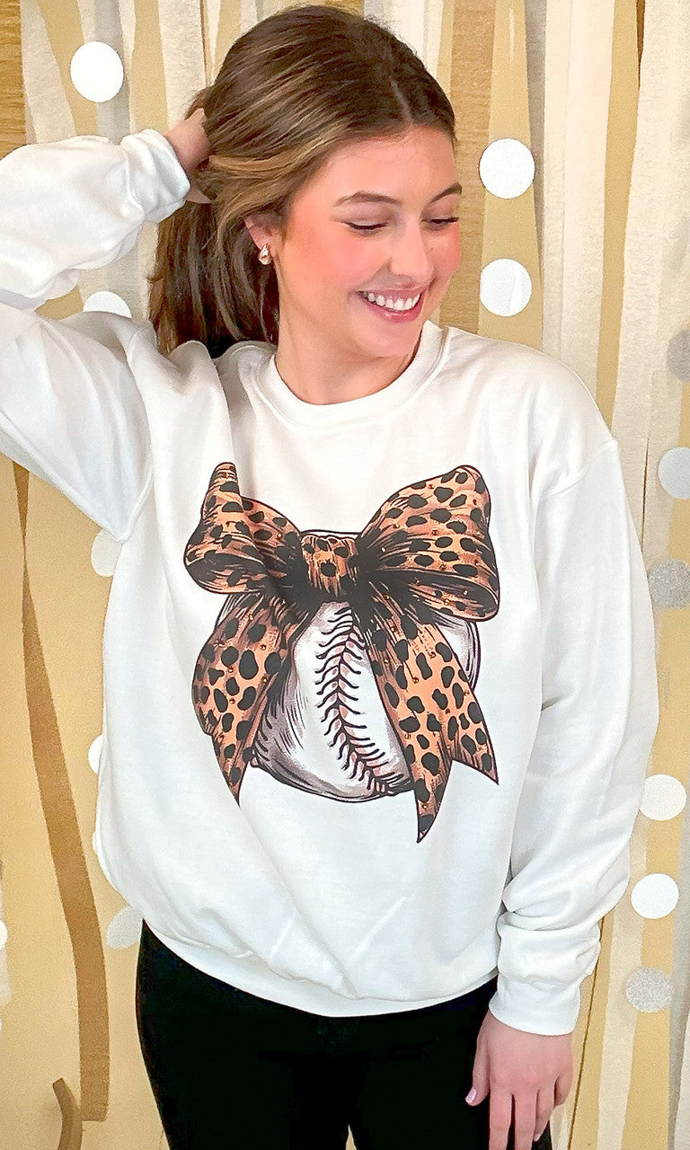 Baseball Cheetah Bow Rhinestone Graphic Sweatshirt