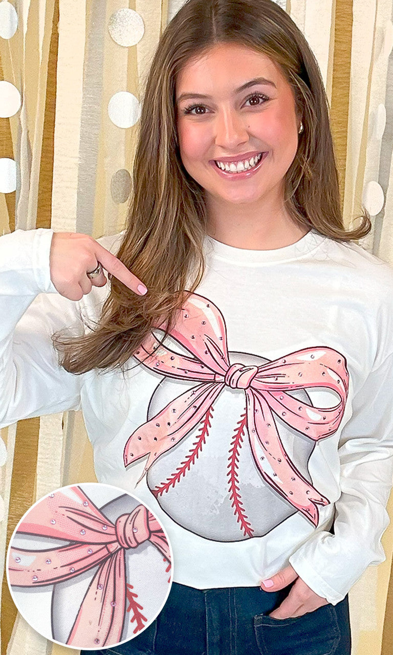 Baseball Pink Bow Rhinestone Graphic Long Sleeve Shirt