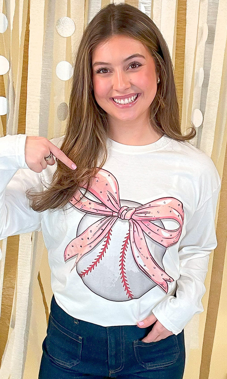 Baseball Pink Bow Rhinestone Graphic Long Sleeve Shirt