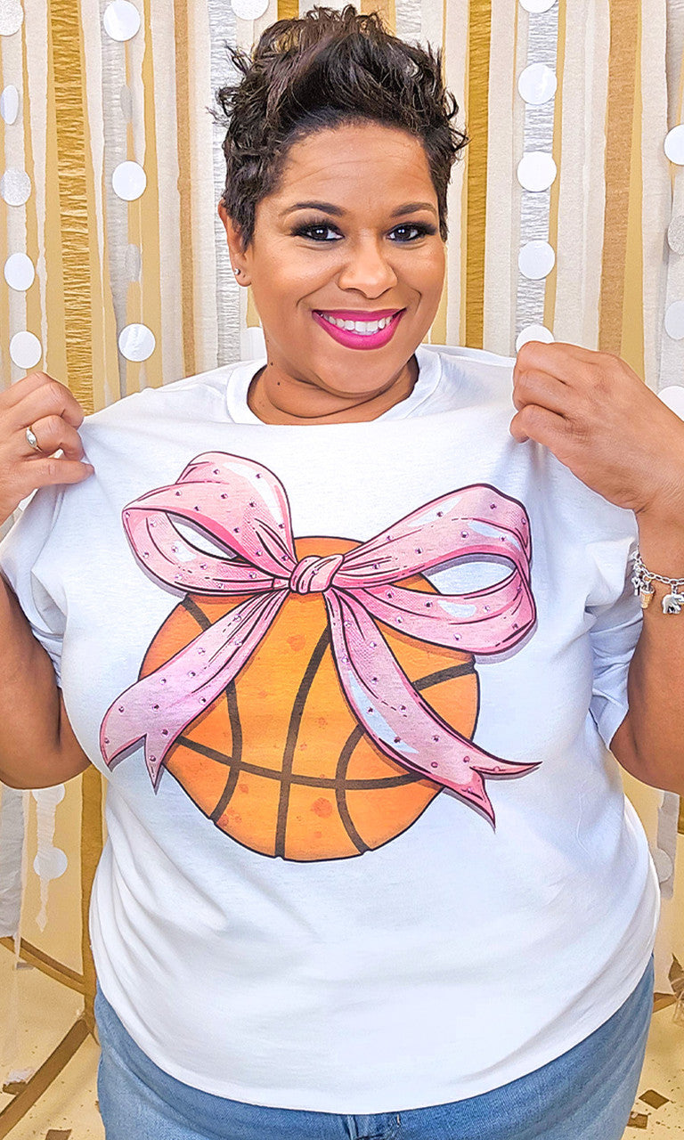 Basketball Pink Bow Rhinestone Graphic Shirt
