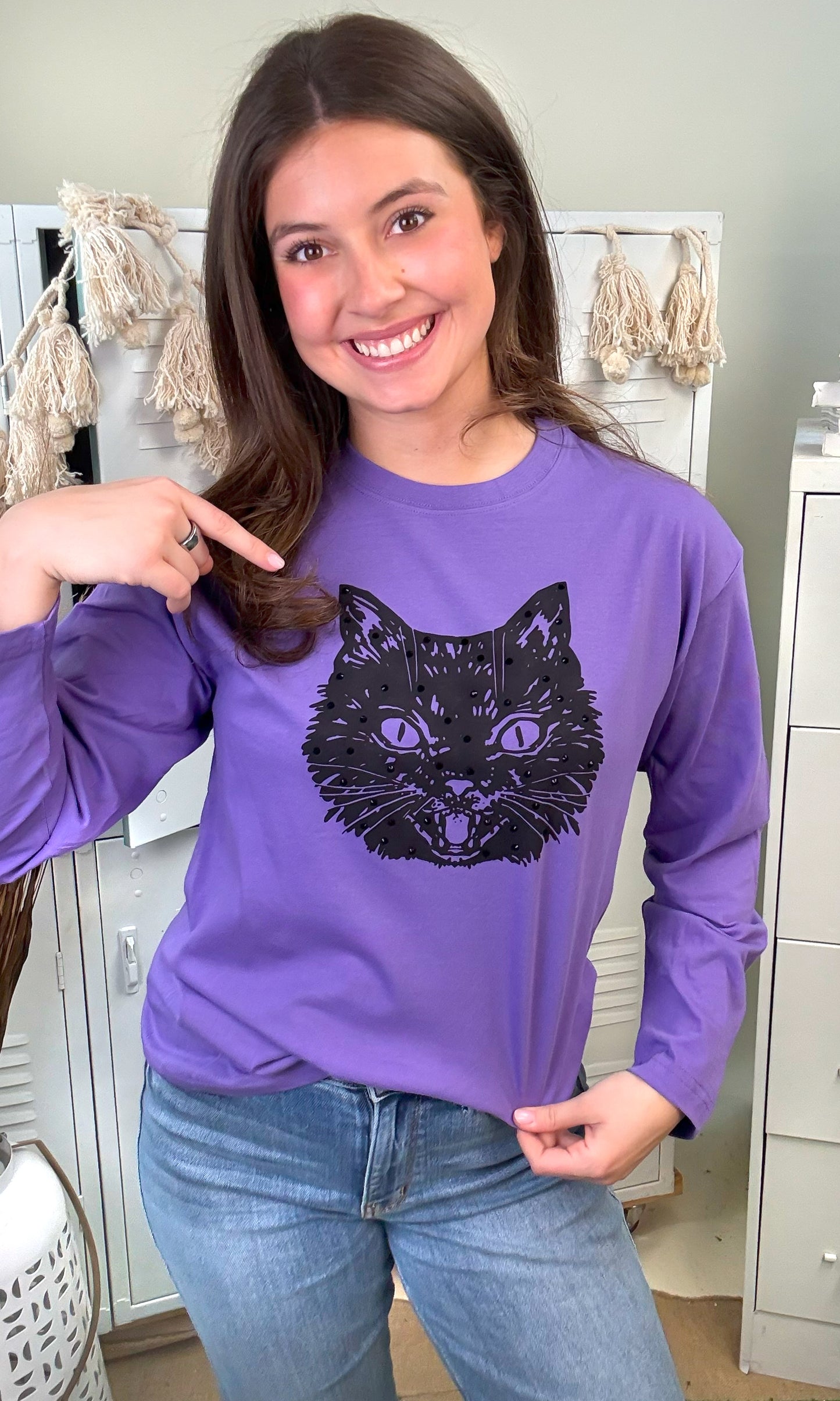Black Cat Rhinestone Graphic BF Long SleeveT-Shirt