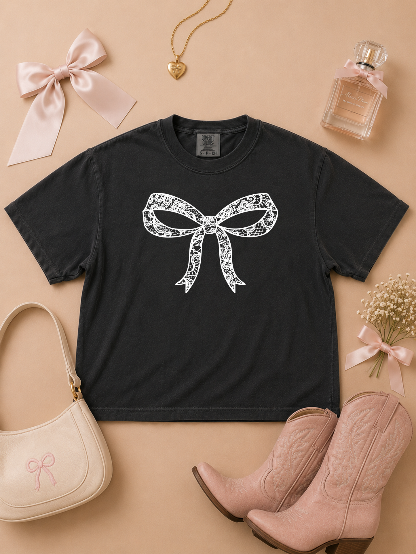 Bow Lace Graphic Comfort Color Graphic Boxy T-Shirt