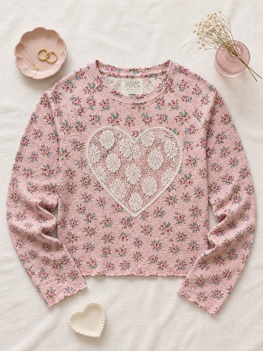 Heart Lace Graphic AOP Edgy Long Sleeve Graphic Shirt