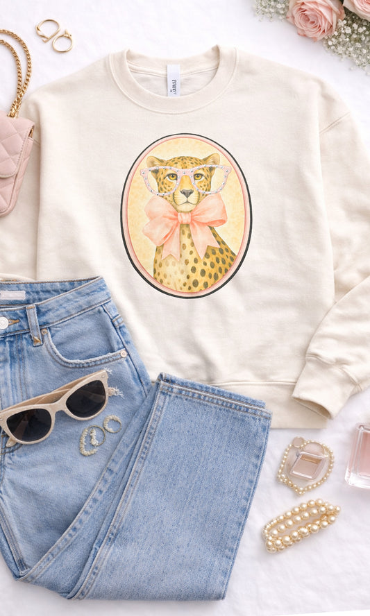 Cheetah with Rhinestone Specs Graphic Sweatshirt