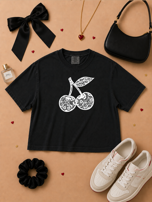 Cherries Lace Graphic Comfort Color Graphic Boxy T-Shirt
