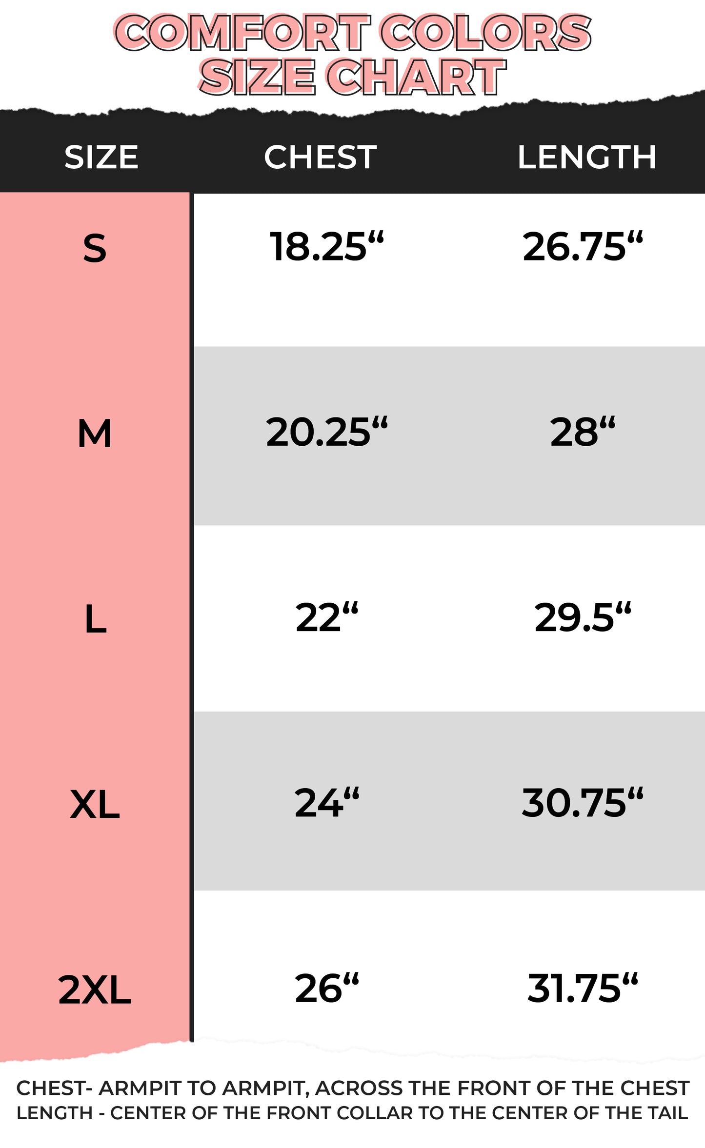 Comfort Colors size chart for the Huddle Up Love Football Comfort Color Graphic T-Shirt, featuring various sizes.