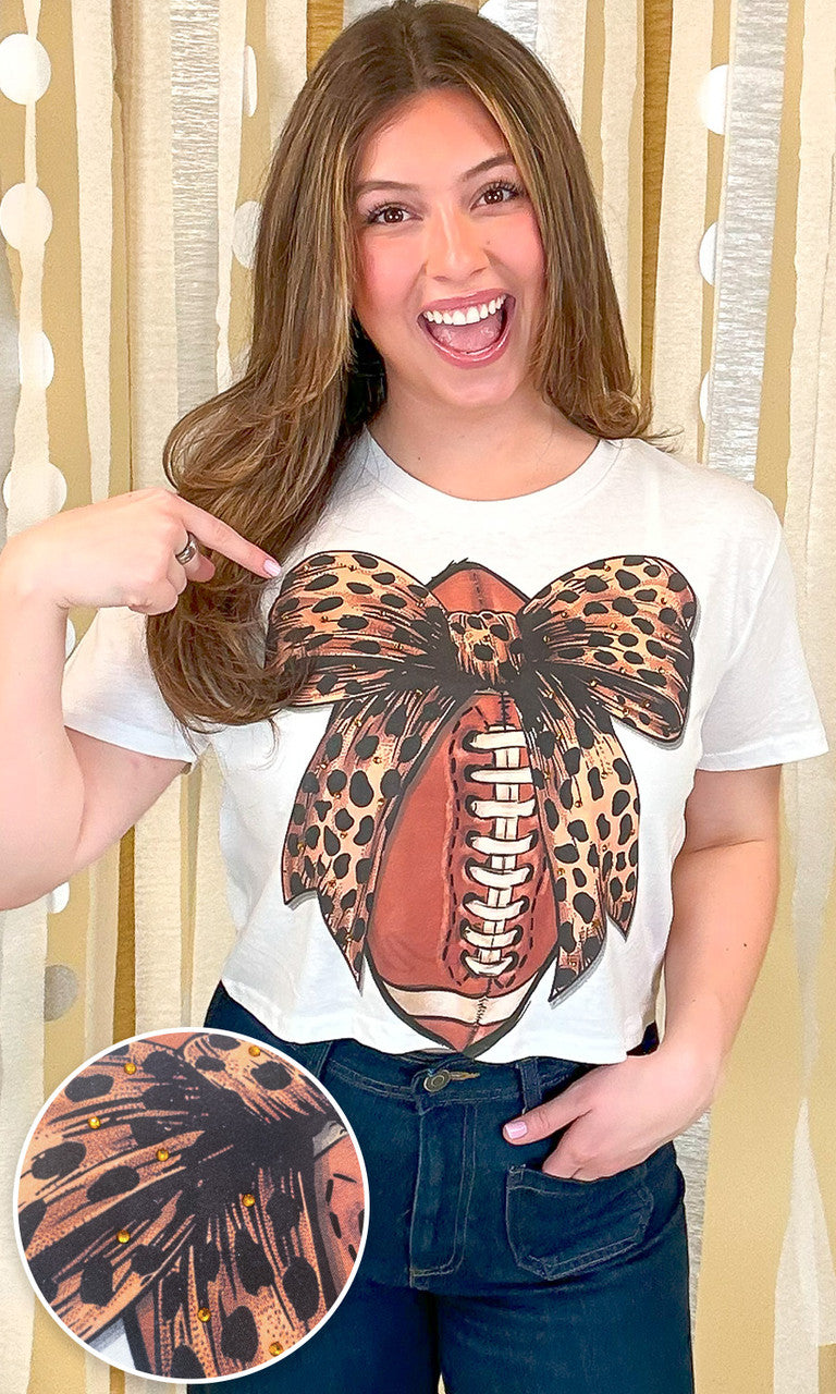 Football Cheetah Bow Rhinestone Graphic Crop Top Shirt