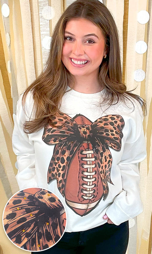Football Cheetah Bow Rhinestone Graphic Sweatshirt