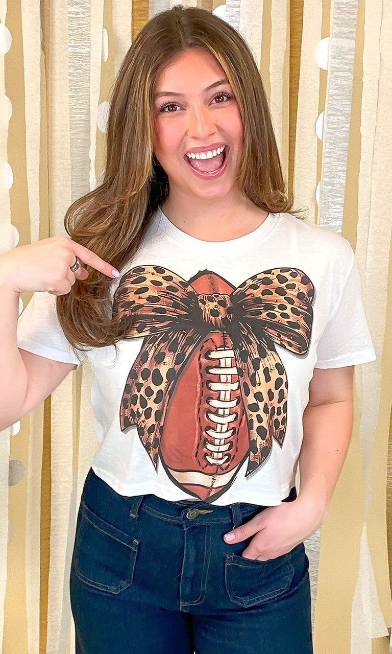 Football Cheetah Bow Rhinestone Graphic Crop Top Shirt