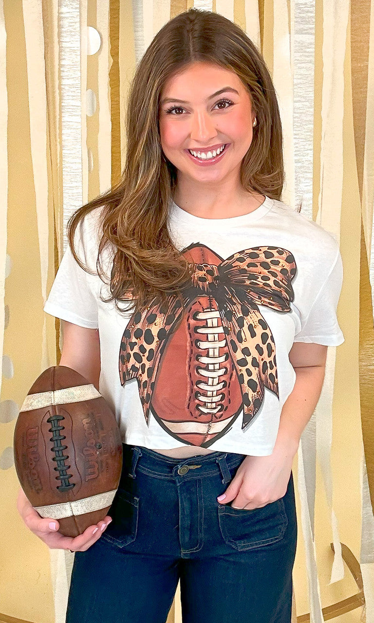 Football Cheetah Bow Rhinestone Graphic Crop Top Shirt