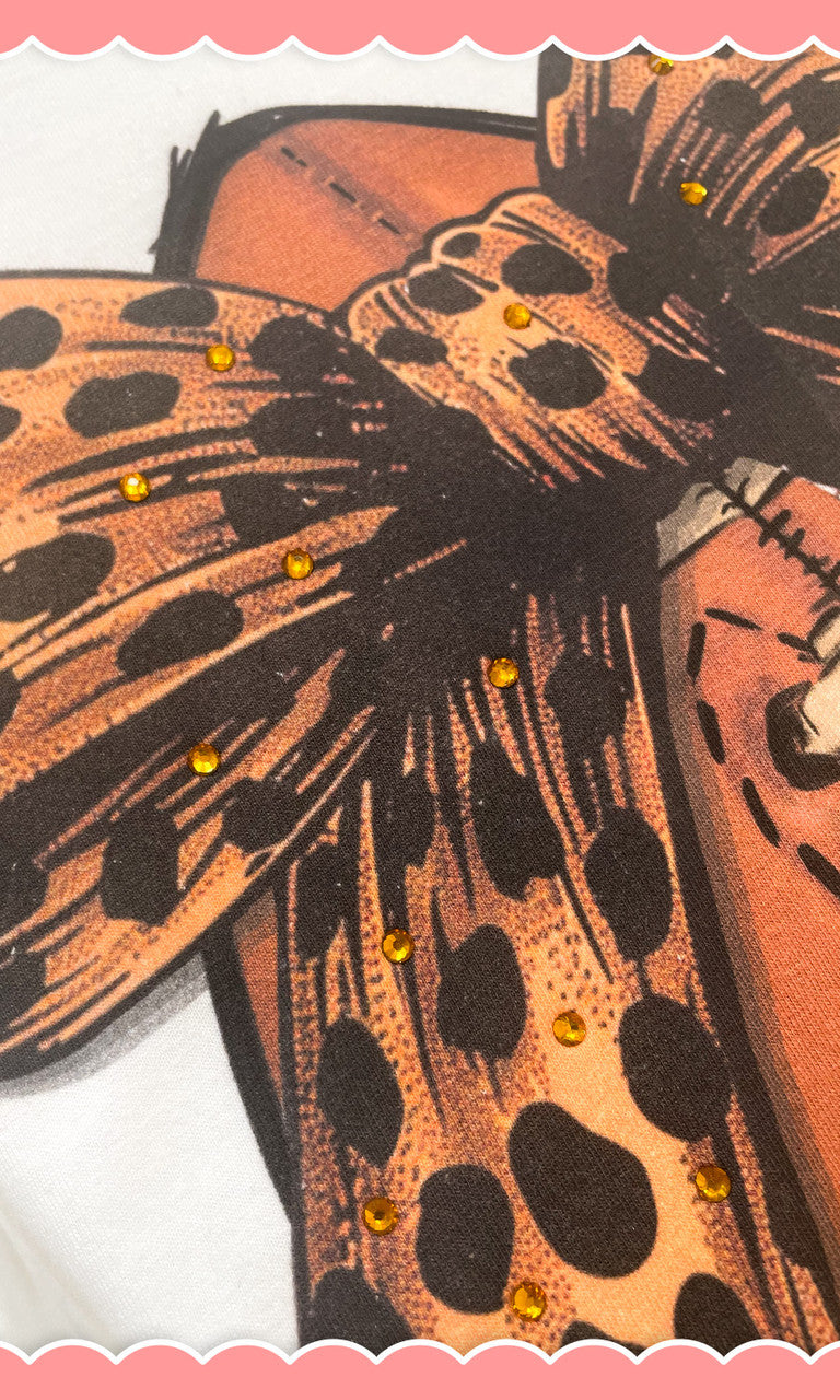 Football Cheetah Bow Rhinestone Graphic Crop Top Shirt
