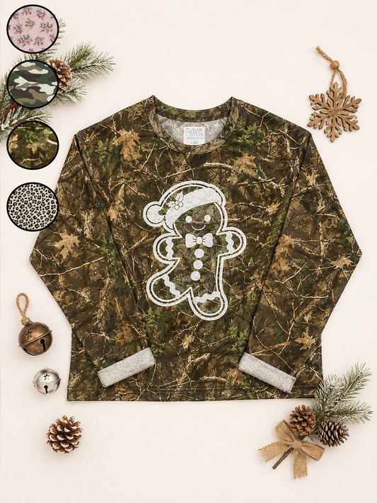 Gingerbread Man White Glitter AOP Edgy Long Sleeve Graphic Shirt