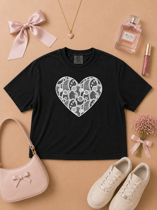 Heart Lace Graphic Comfort Color Graphic Boxy T-Shirt