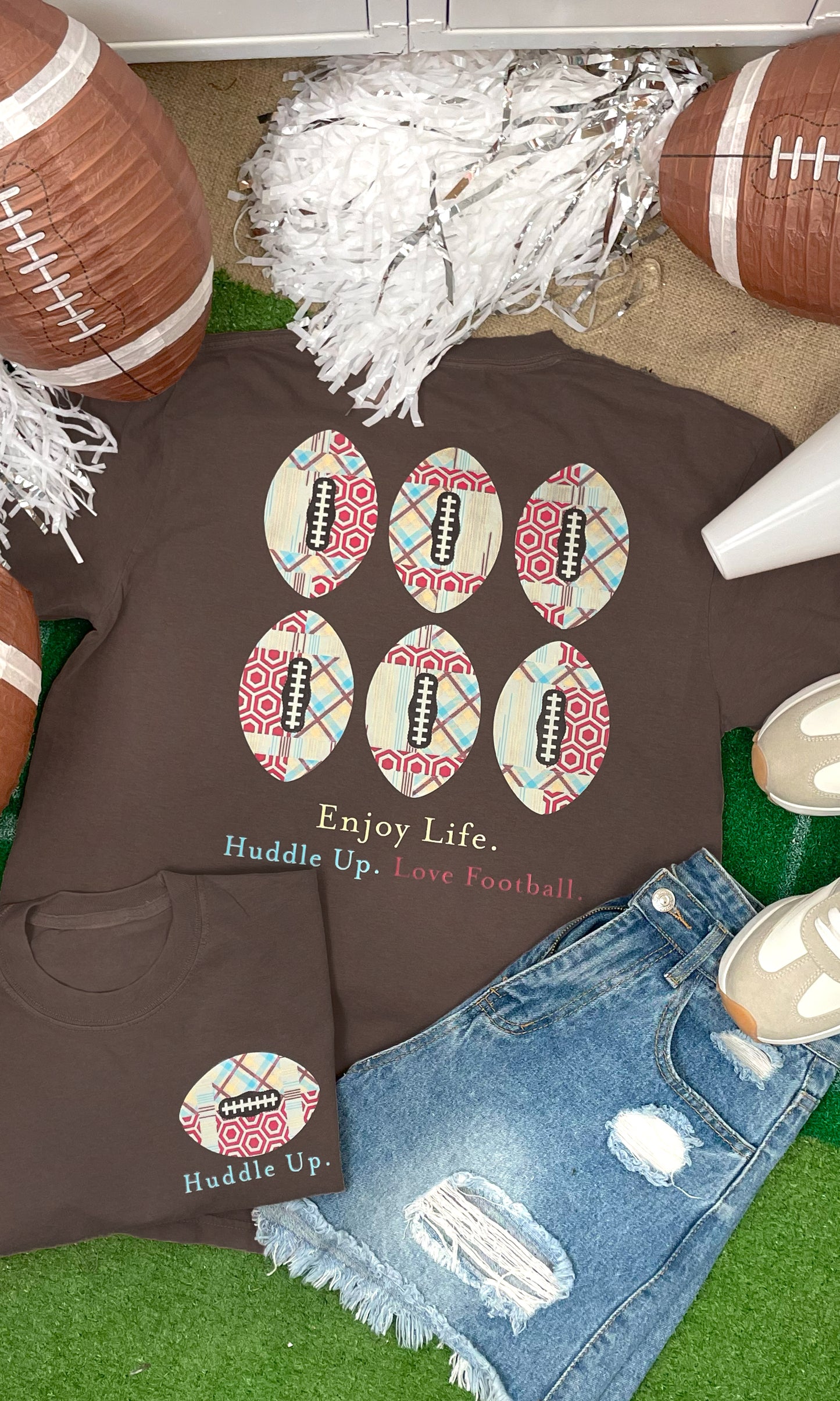 Stylish Huddle Up Love Football Graphic Shirt, perfect for game day, featuring a fun football design.
