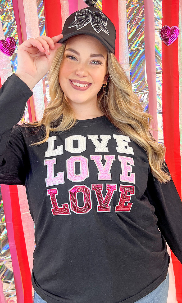 Ombre Sequin Love Valentines Graphic Long Sleeve T-Shirt