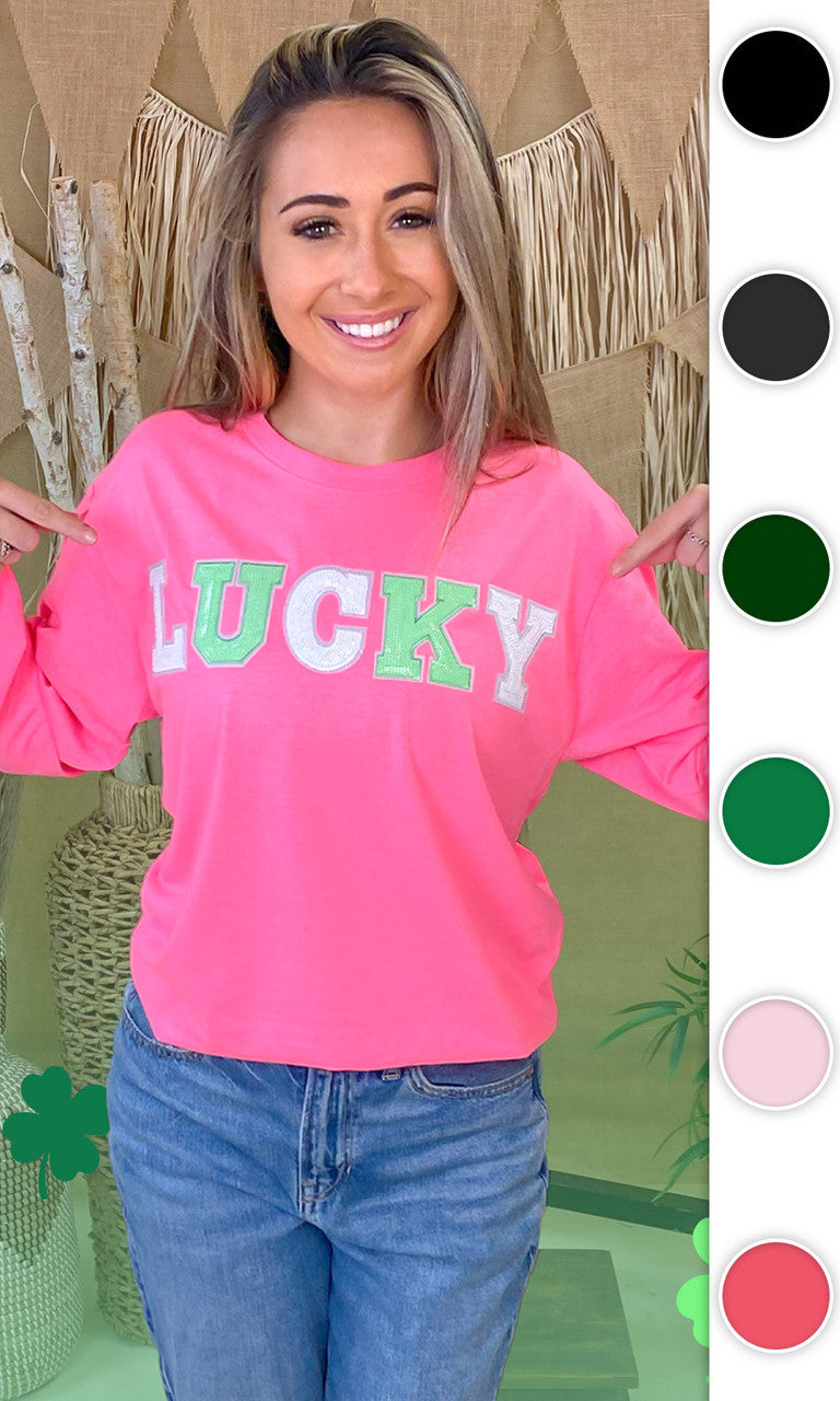 Lucky St Patricks Day Sequin Graphic Long Sleeve Shirt