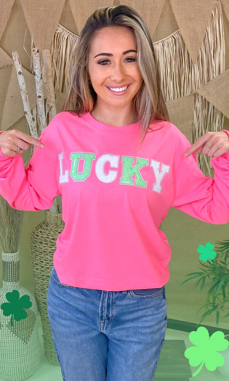 Lucky St Patricks Day Sequin Graphic Long Sleeve Shirt