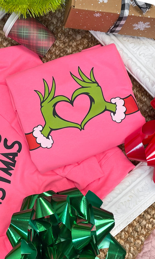 Merry Christmas Green Heart Hand Graphic Sweatshirt