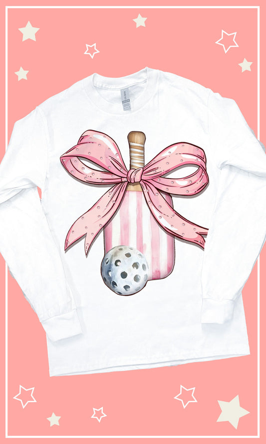 Pickleball Pink Bow Rhinestone Graphic Long Sleeve T-Shirt