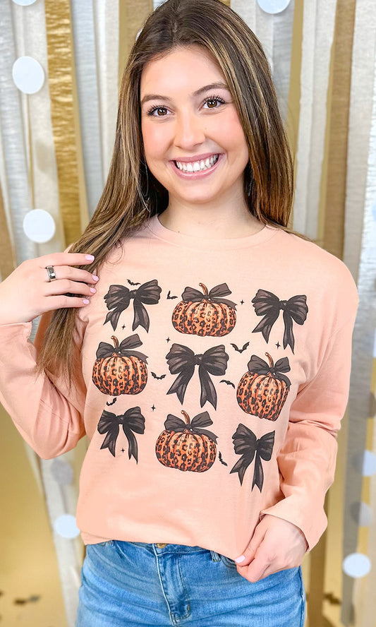 Pumpkin Bows Long Sleeve Graphic T-Shirt