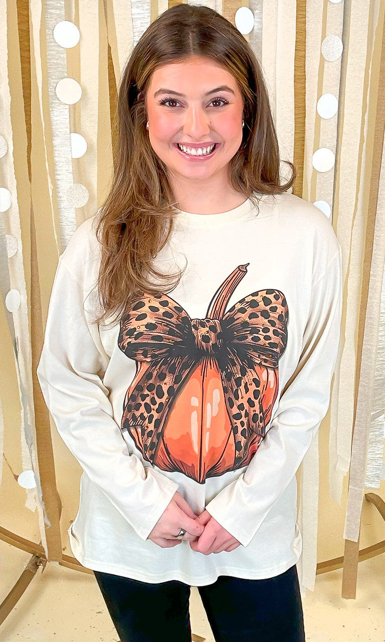 Pumpkin Cheetah Bow Rhinestone Graphic Long Sleeve Shirt