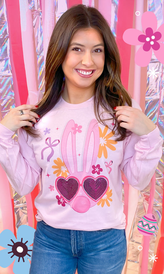 Sequin Sunglasses Easter Bunny Graphic Long Sleeve T-Shirt