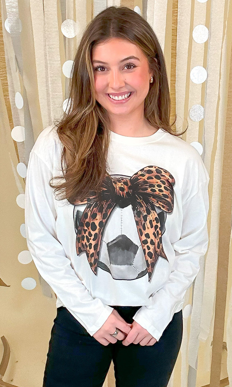Soccer Cheetah Bow Rhinestone Graphic Long Sleeve Shirt