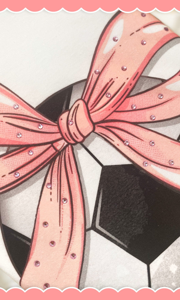 Soccer Pink Bow Rhinestone Graphic Long Sleeve Shirt