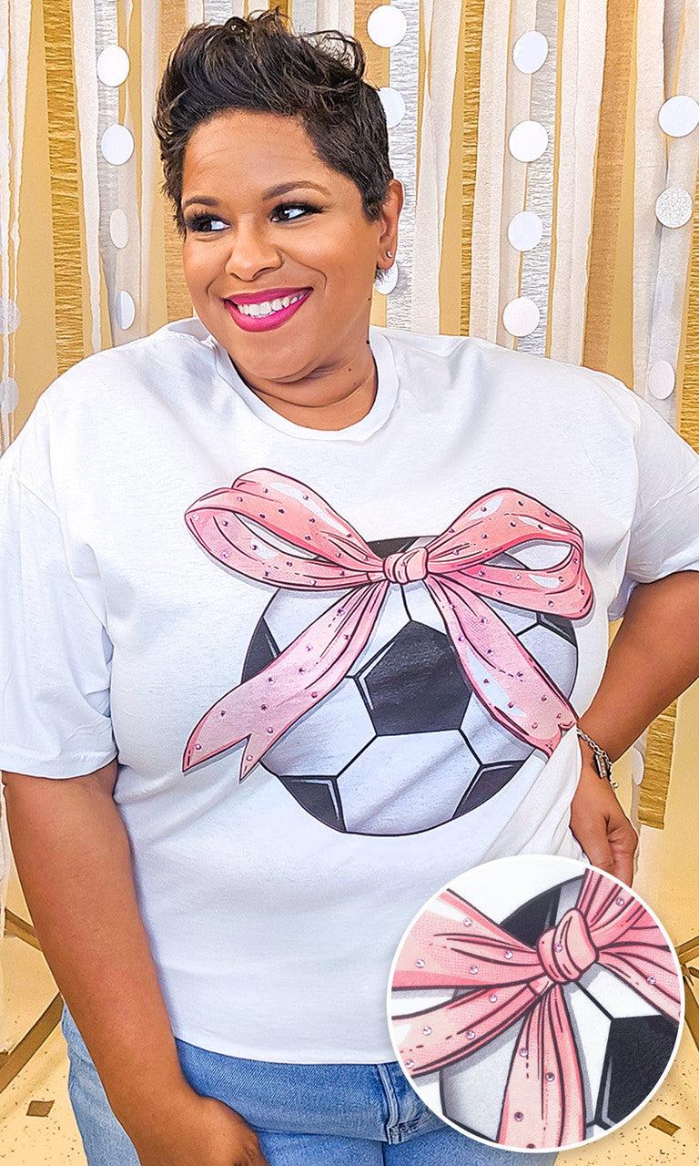 Soccer Pink Bow Rhinestone Graphic Shirt