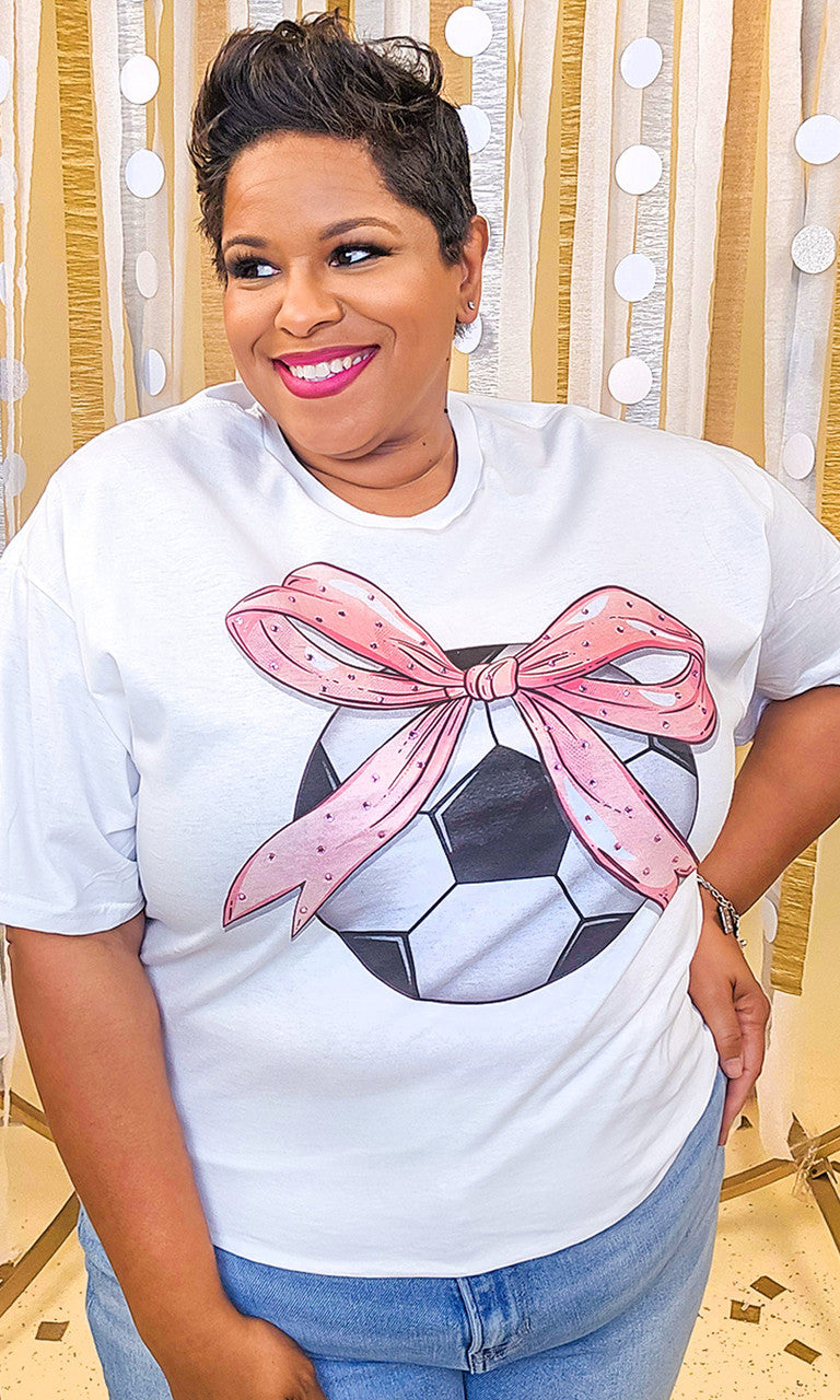 Soccer Pink Bow Rhinestone Graphic Shirt