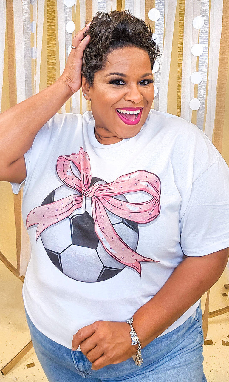 Soccer Pink Bow Rhinestone Graphic Shirt