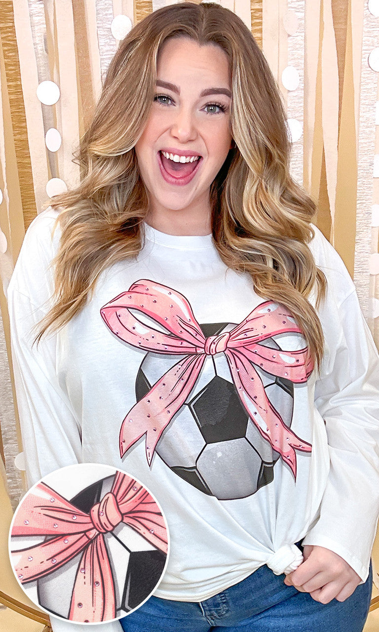Soccer Pink Bow Rhinestone Graphic Long Sleeve Shirt