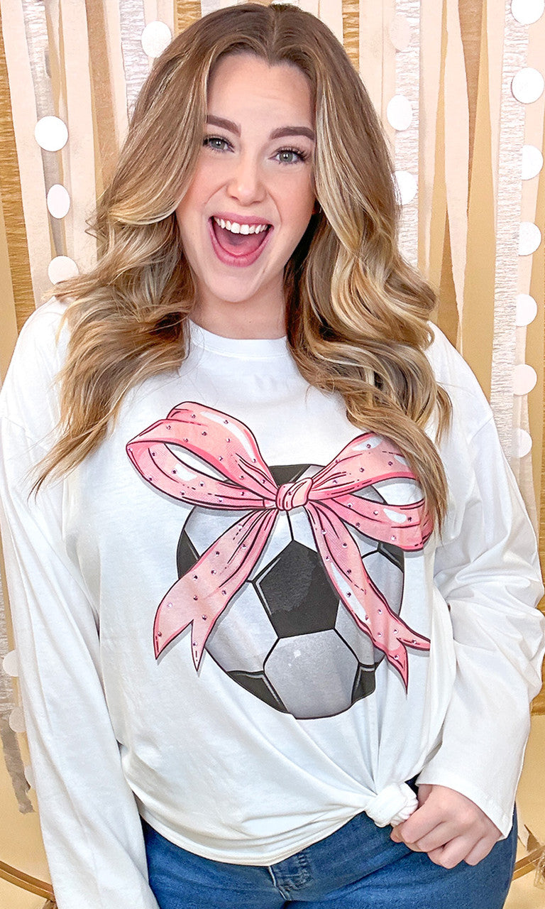 Soccer Pink Bow Rhinestone Graphic Long Sleeve Shirt
