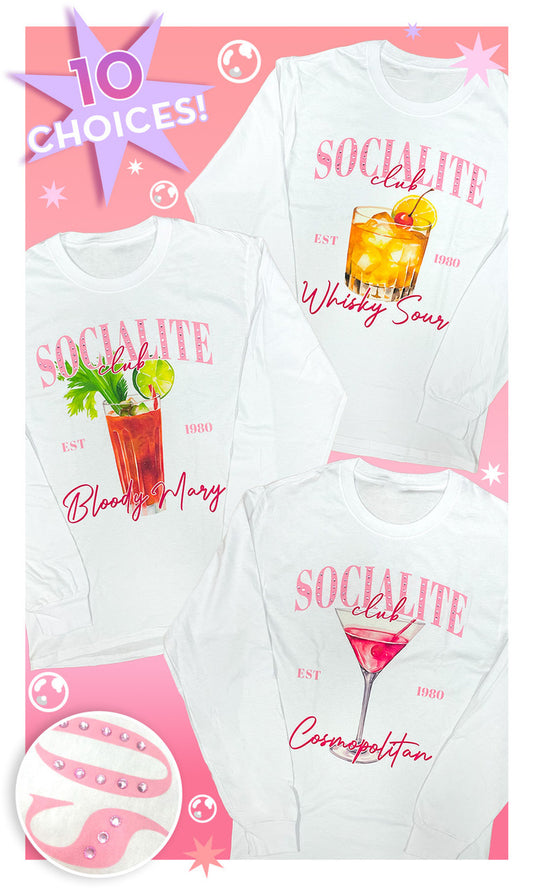 Socialite Drink Club Rhinestone Graphic Long Sleeve T-Shirt