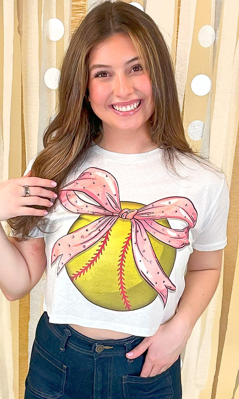 Softball Pink Bow Rhinestone Graphic Crop Top Shirt