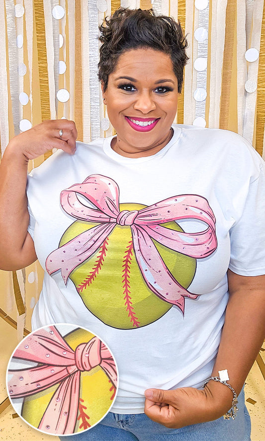 Softball Pink Bow Rhinestone Graphic Shirt