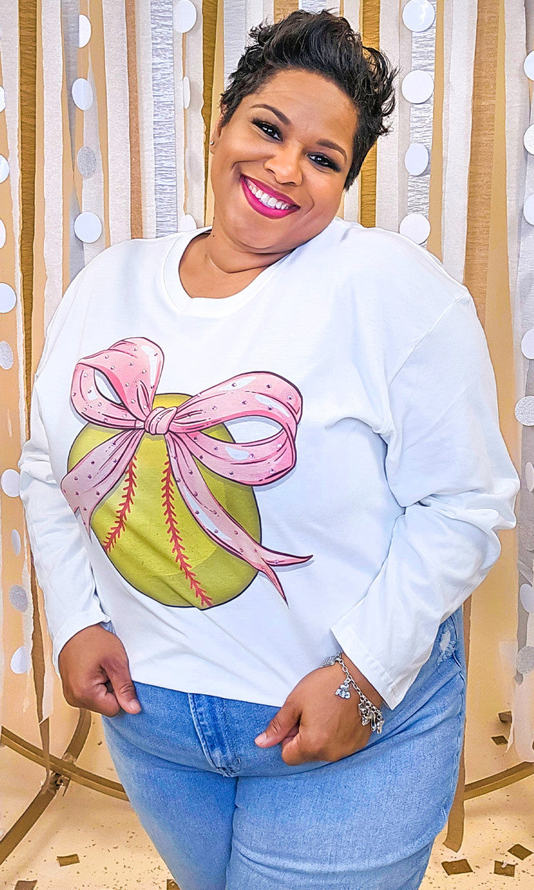 Softball Pink Bow Rhinestone Graphic Long Sleeve Shirt