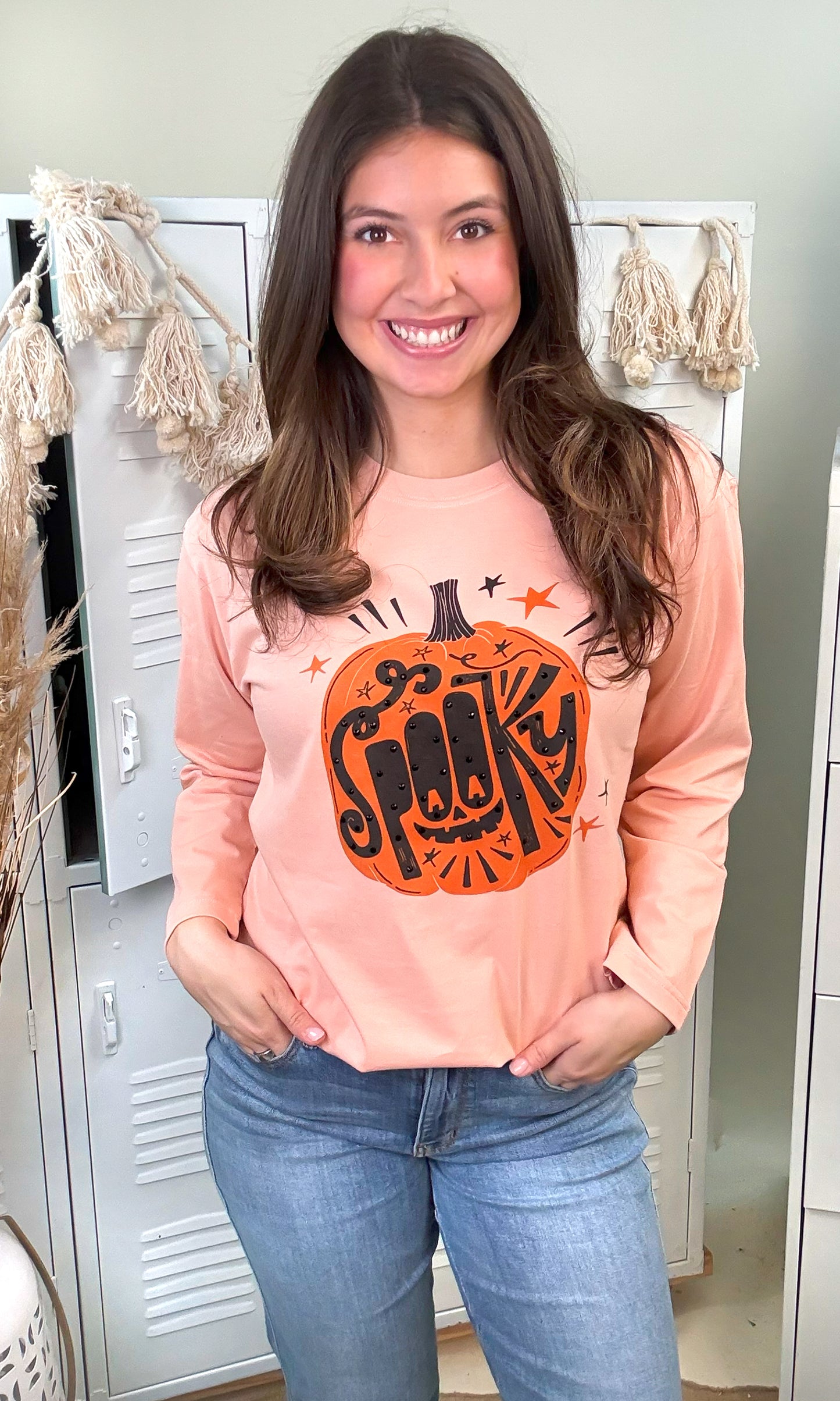 Spooky Pumpkin Rhinestones Graphic Long Sleeve T-Shirt