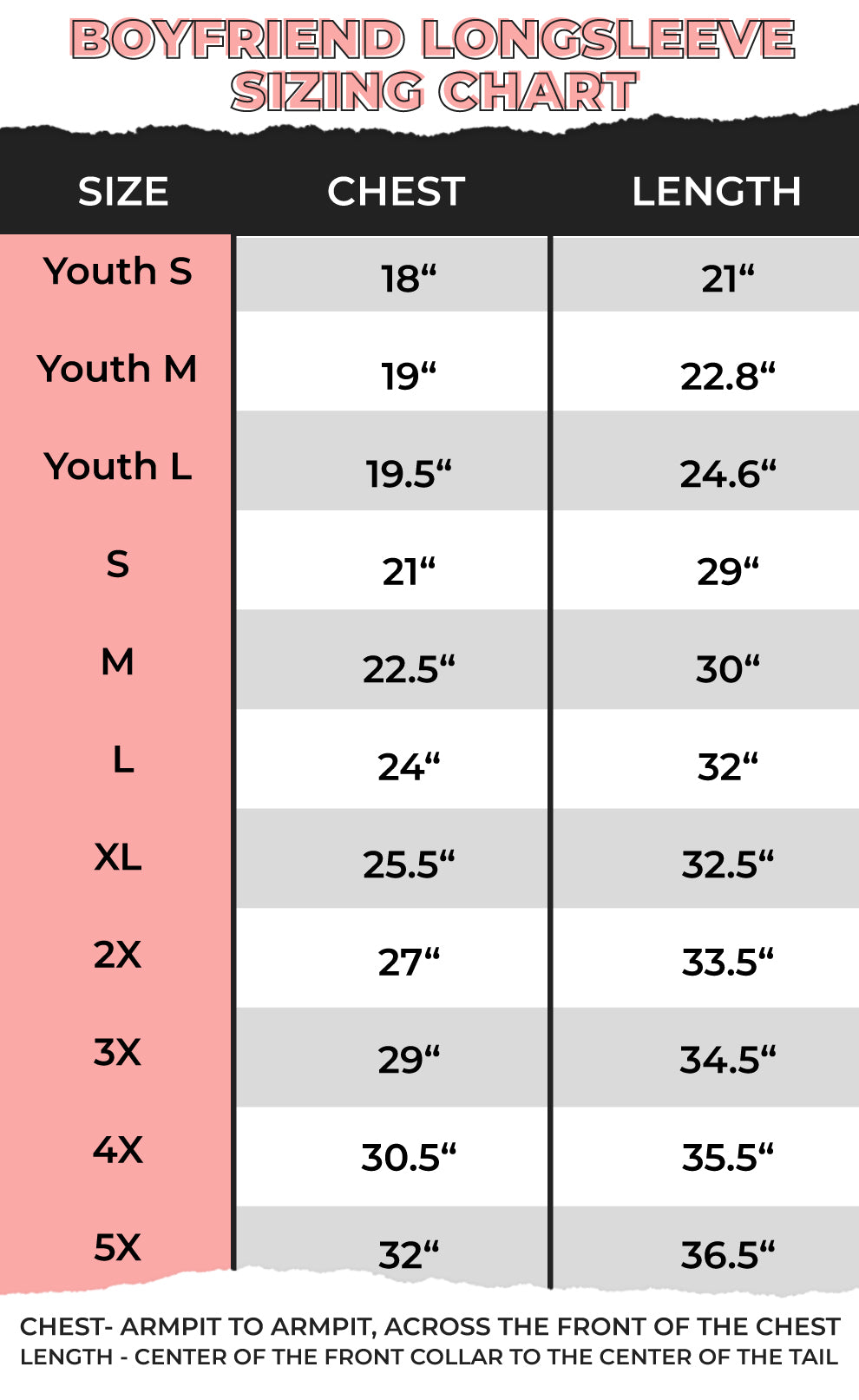 Sizing chart for the Snow Much Fun Christmas Graphic Long Sleeve T-Shirt, showcasing various youth and adult sizes.