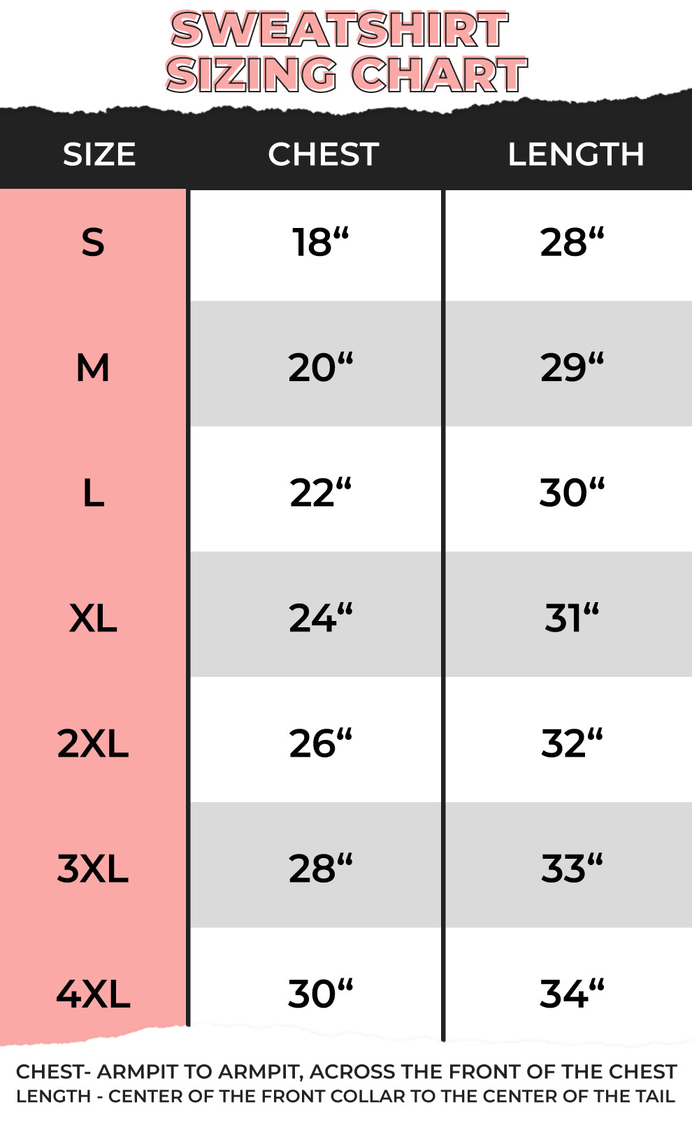 Sweatshirt sizing chart for the Snow Much Fun Christmas Graphic Sweatshirt, featuring sizes S to 4XL.