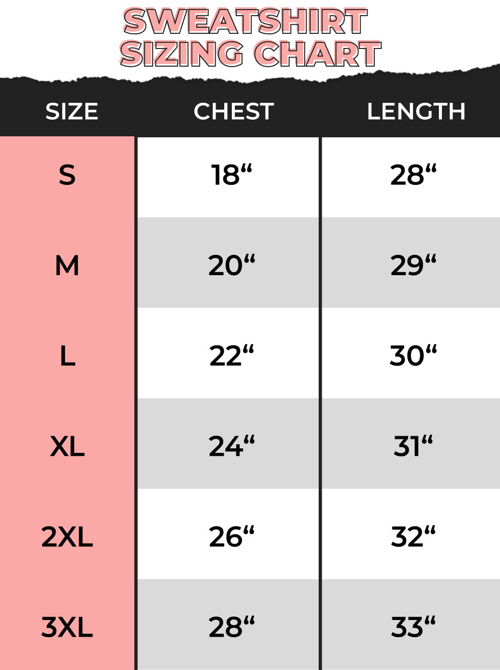 Sweatshirt sizing chart for the Snow Much Fun Christmas Graphic Sweatshirt, featuring sizes S to 4XL.