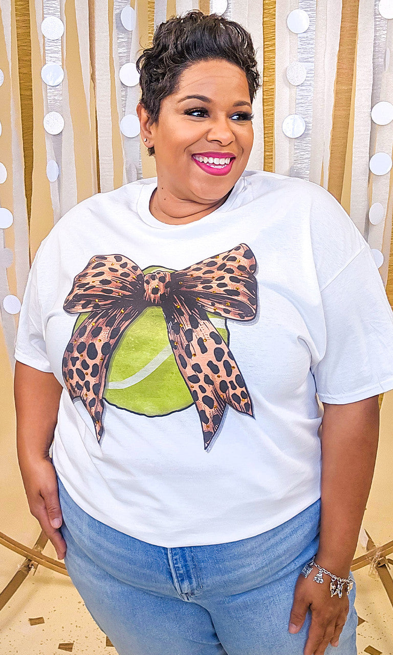 Tennis Cheetah Bow Rhinestone Graphic Shirt