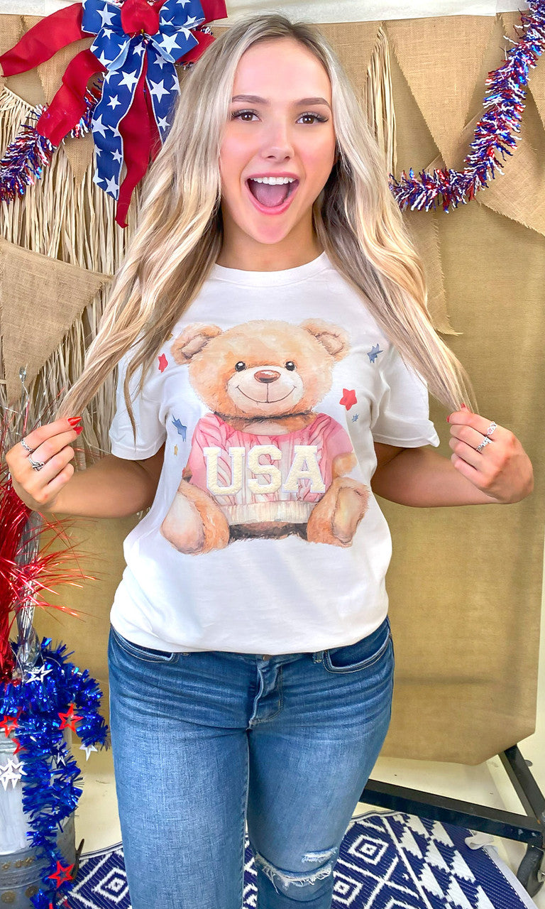 USA Teddy Bear Soft Chenille Graphic T-Shirt