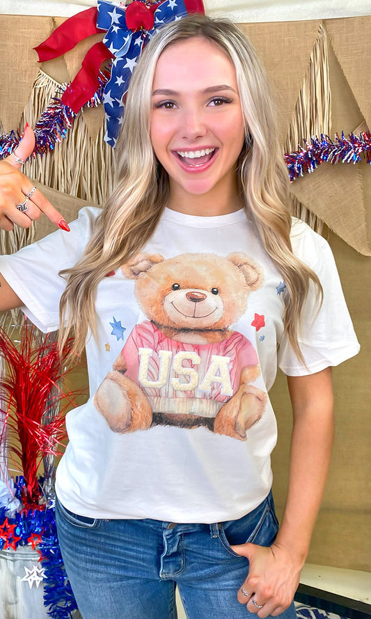 USA Teddy Bear Soft Chenille Graphic T-Shirt